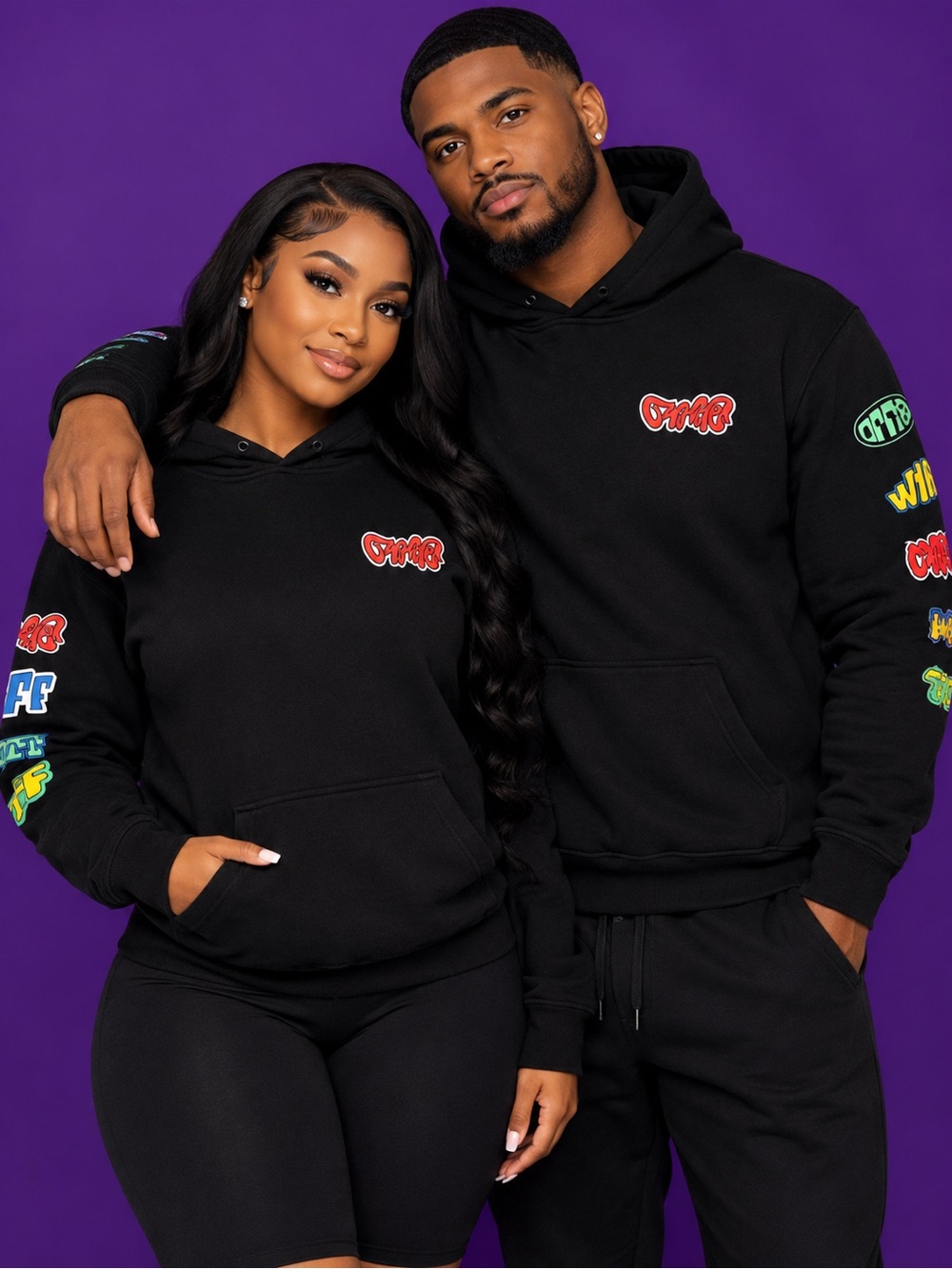 Black Graphic Hoodie with Colorful Sleeve Patches